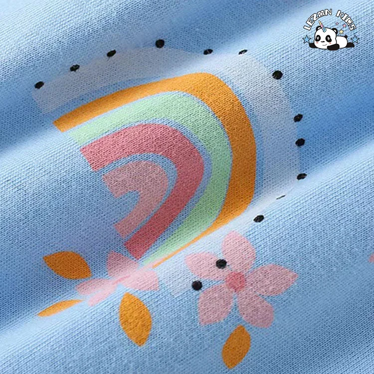 LEZONKIDS - Conjunto de Roupas de Boutique para Meninas com Preço Direto da Fábrica, 2 Peças, Azul, Impressão de Arco-íris Fofo, Personalizável OEM para Verão